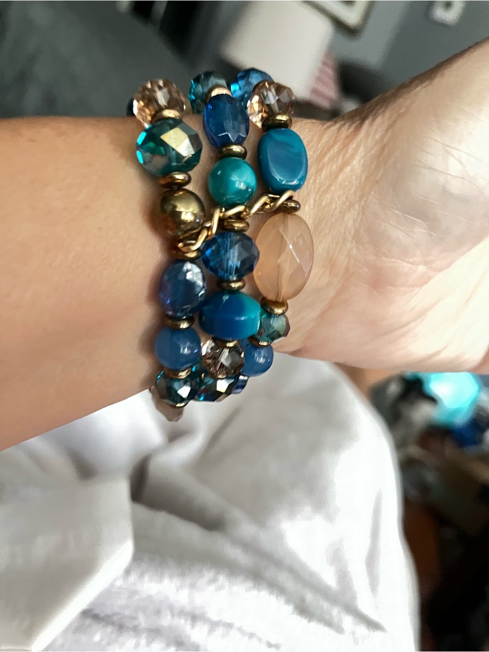 Gold Disc Beaded Stretch Bracelet with Teal and Blue Accents - Picture 2 of 4